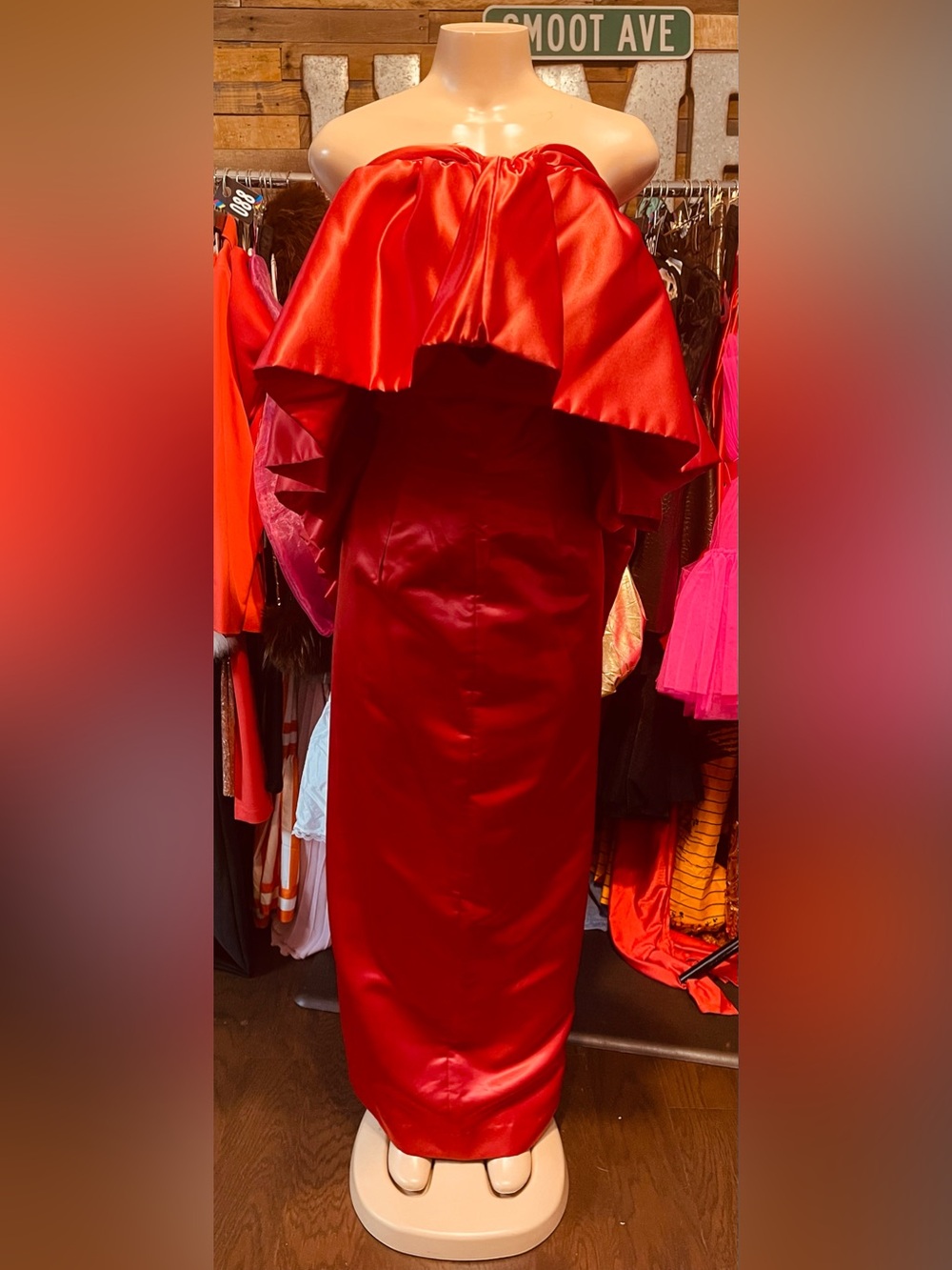 Tadashi Shoji Red Satin Ruffle-Shoulder Midi Dress